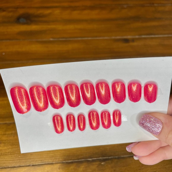 Hot Pink w Orange Gold Shimmer Polished & Glazed Nails|Press On Nails|V Day Mani - Picture 4 of 10
